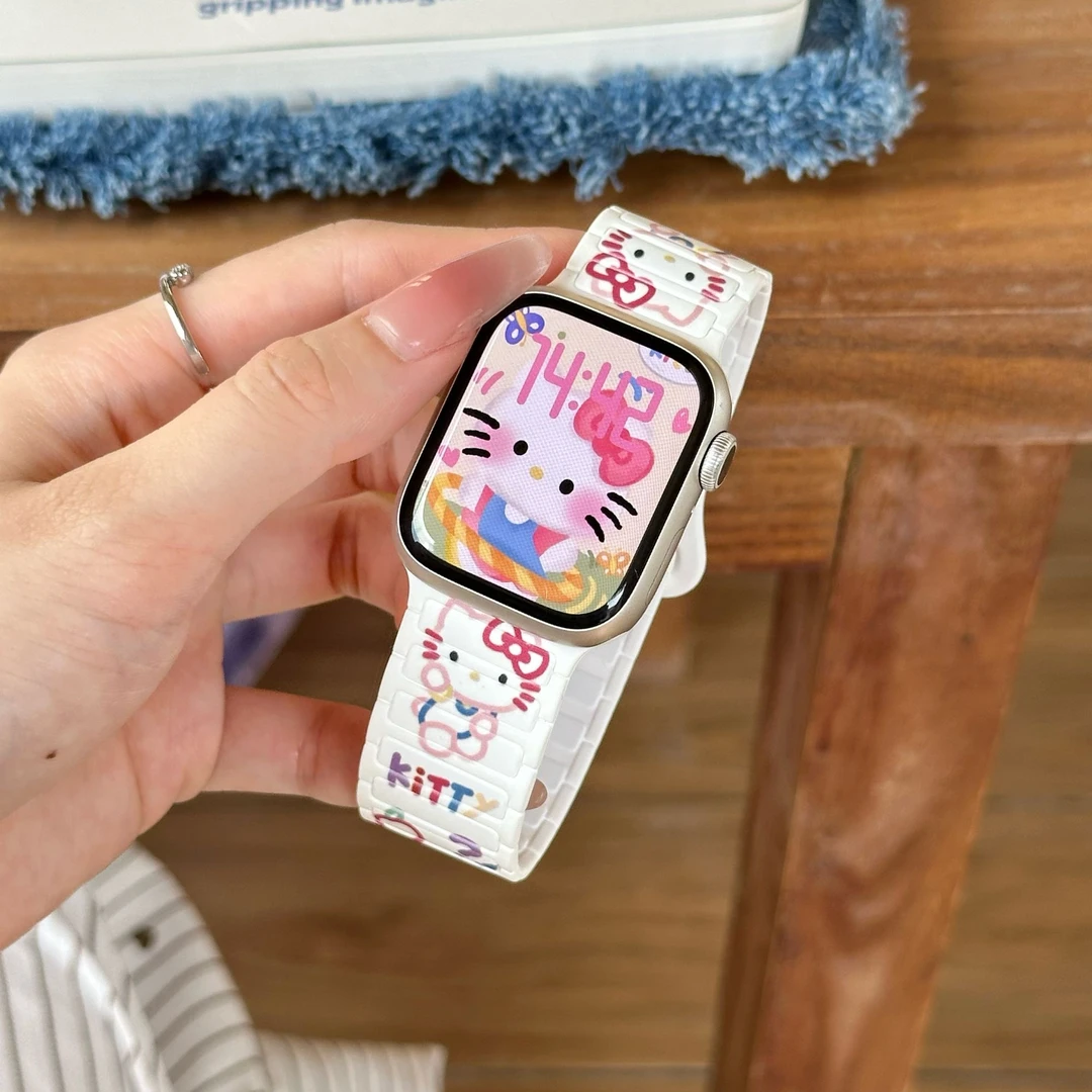 新款kitty卡通适用苹果表带applewatchs10磁吸iwatchs9硅胶防水se
