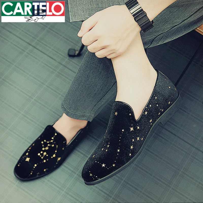 卡帝乐鳄鱼乐福鞋男鞋2025新款手工亮片星星韩版皮鞋子男款一脚蹬