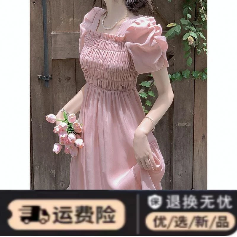 温柔风名媛连衣裙女夏季法式方领泡泡袖褶皱显瘦气质女神范裙