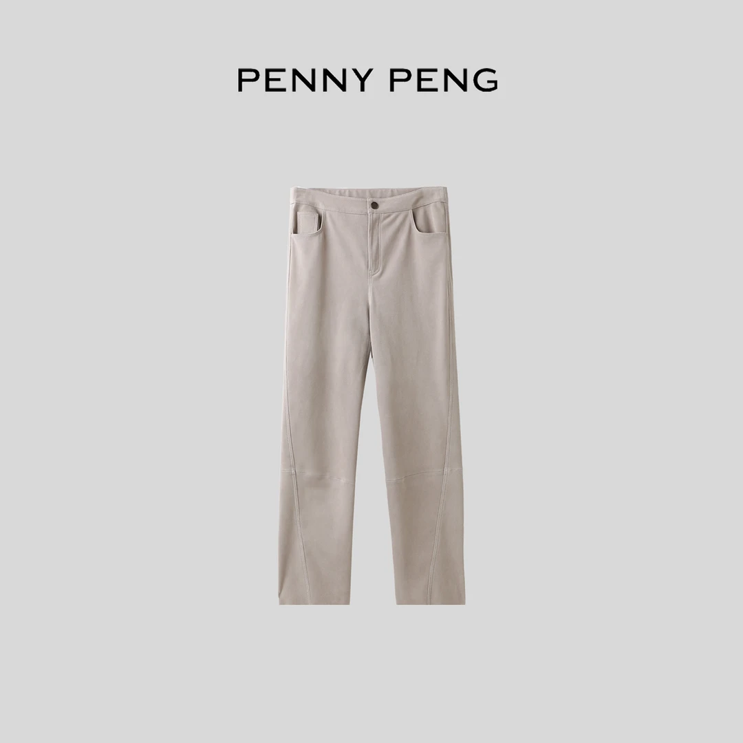 PENNYPENG 时尚图鉴 黑标系列秋冬时尚绒面修身立裁显瘦弹力皮裤