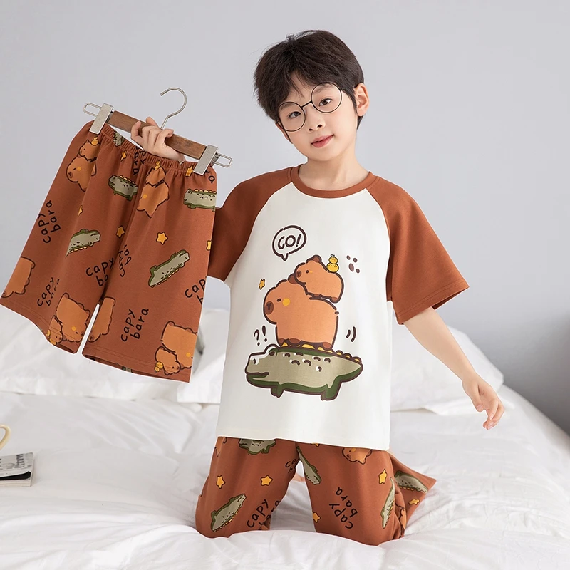 伊束姿儿童纯棉睡衣三件套男童短袖夏季2025新款中大童男孩家居服