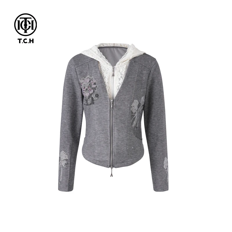 TCH现货私服烫钻工艺灰色拉链假两件短外套女T75A17E5005轻奢tch