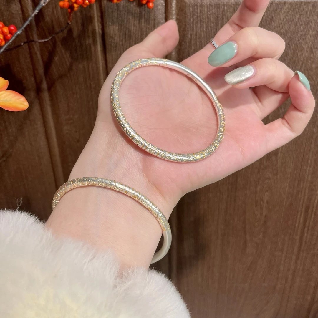 足银手镯 999.9 【29】 吉言描金祝福语招财猫女古法雕刻复古手镯