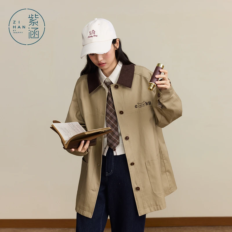 紫涵中长款翻领风衣女2025秋新款学院风单排扣刺绣外套Z5Z06AN156