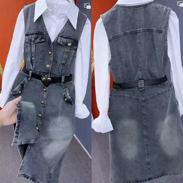 时尚套装女2025春季新款时尚砍袖连衣裙搭配衬衫两件套女975565