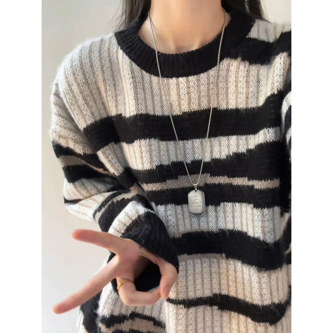黑白条纹马海毛毛衣男款冬季加厚慵懒风针织衫设计感美式复古外套
