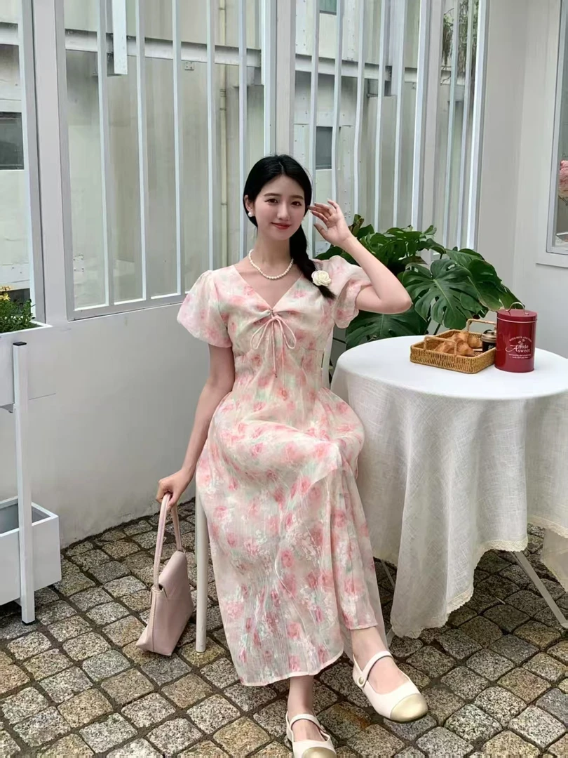 （LSNN!）女装2025夏季新款碎花减龄小清新裙子休闲V领连衣裙005