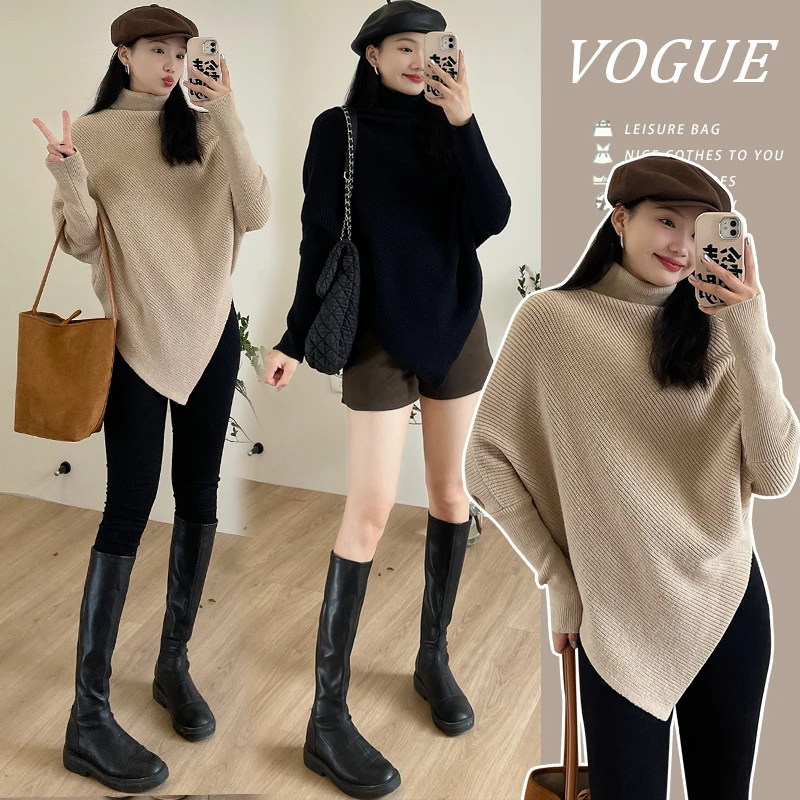 2025秋冬季时尚不规则孕妇高领毛衣慵懒风宽松斗篷加厚针织衫上衣