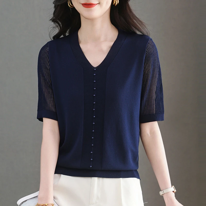 V领短袖t恤女2025新款中年妈妈装夏季薄款镂空小衫天丝针织衫上衣