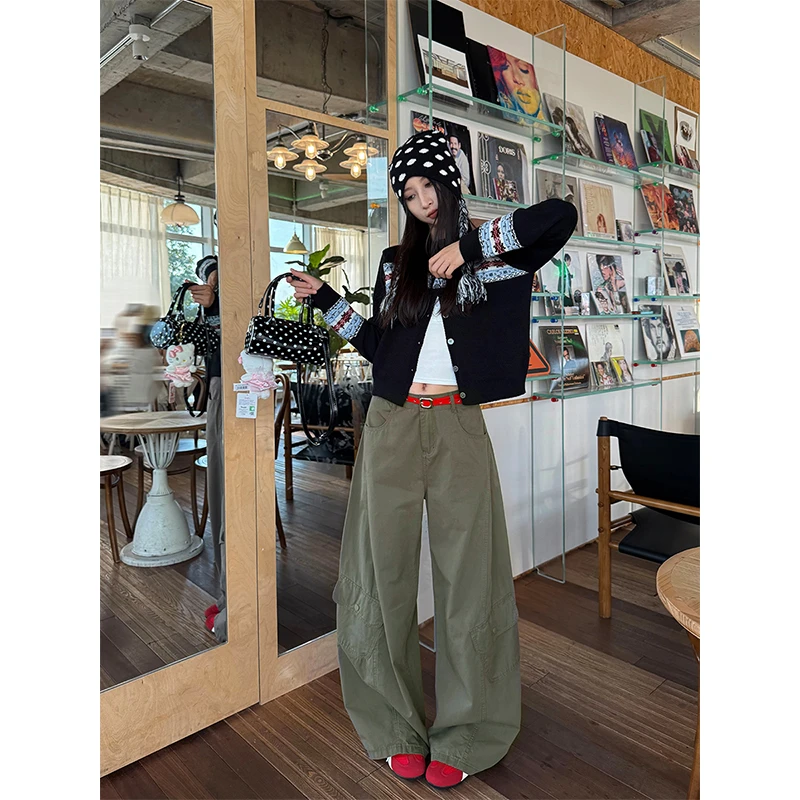 逃屿【复古弯刀工装裤】初秋新款阔腿裤小个子休闲运动老钱风直筒裤