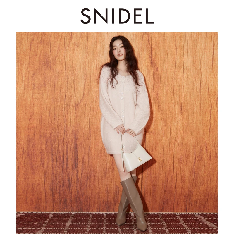 SNIDEL2025秋冬新品甜美镂空钩花蝴蝶结系带针织连衣裙SWNO254312