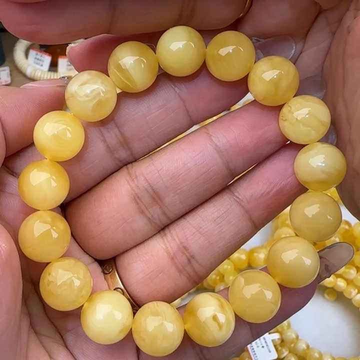 蜜蜡未镶嵌手串黄白花圆珠手串