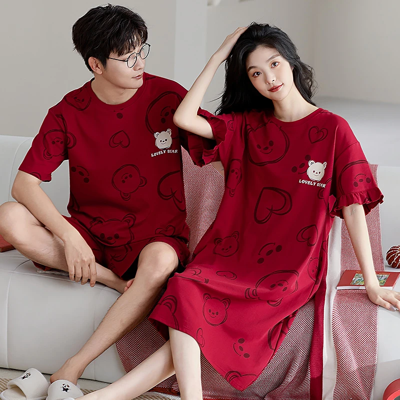 2套价 情侣睡衣夏季短袖睡裙纯棉男女套装喜庆红色新婚结婚家居服