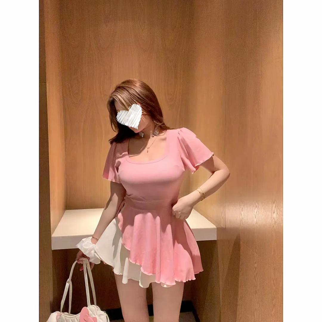 微胖夏季新款韩版U领小飞袖收腰T恤百搭不规则绑带修身显瘦上衣女