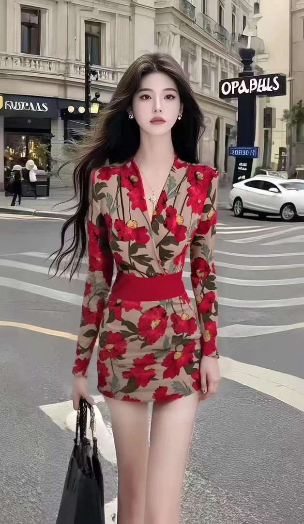 轻熟知性风红色碎花V领长袖修身收腰包臀连衣裙女时尚高级感裙子