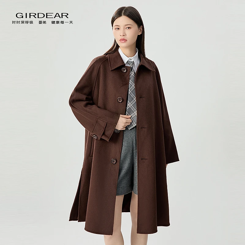 哥弟品质女装新款时尚百搭翻领A型宽松中长款双面尼外套1400776