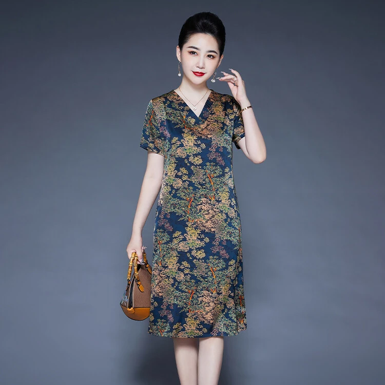 夏季新款真丝高端中老年妈妈装连衣裙女中长款气质印花高级感裙子