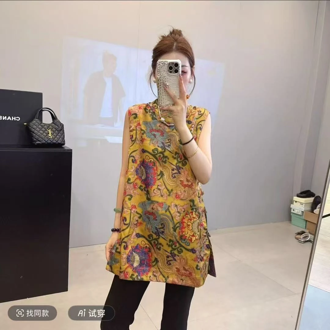 2025新款 新中式国风旗袍女香云纱提花无袖上衣中长款小衫