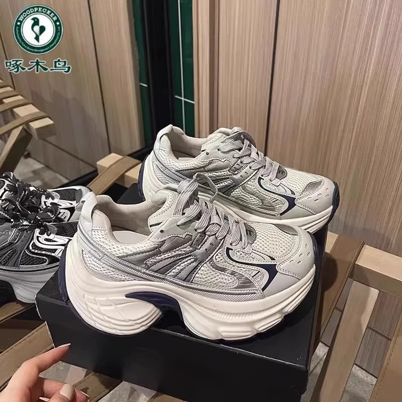 啄木鸟欧货炸街爆款厚底老爹鞋女2025春秋新款网面透气休闲运动鞋