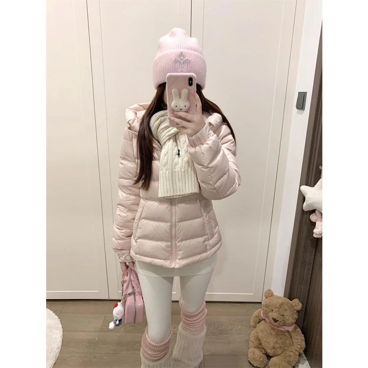 粉色连帽排骨羽绒服女2025冬季收腰显瘦外套短90白鸭绒保暖面包服