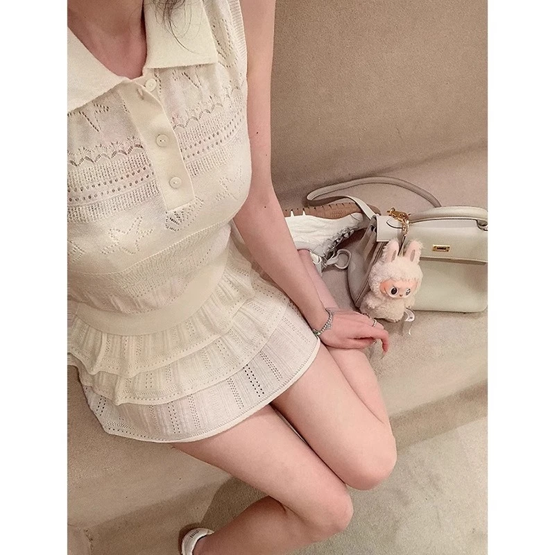 洋气设计感polo翻领钩花无袖背心上衣+高腰蛋糕裙女气质两件套
