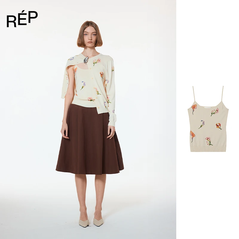 REP-UHOOWU设计师品牌米色印花针织吊带 25PS 早春穿搭