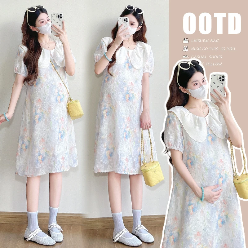 孕妇连衣裙新款碎花显瘦气质时尚粉色娃娃领宽松刺绣薄款短袖裙子
