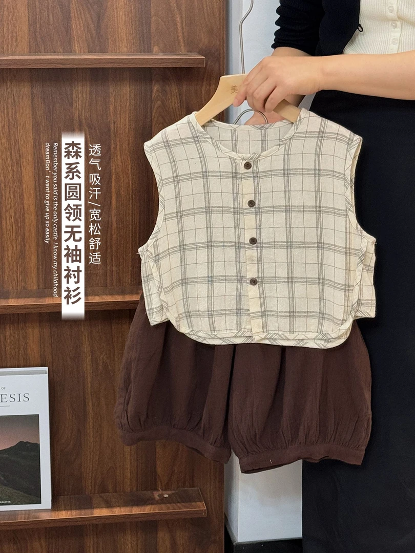 《主播力推》森系文艺范童装男女儿童棉麻上衣25XL10102无袖