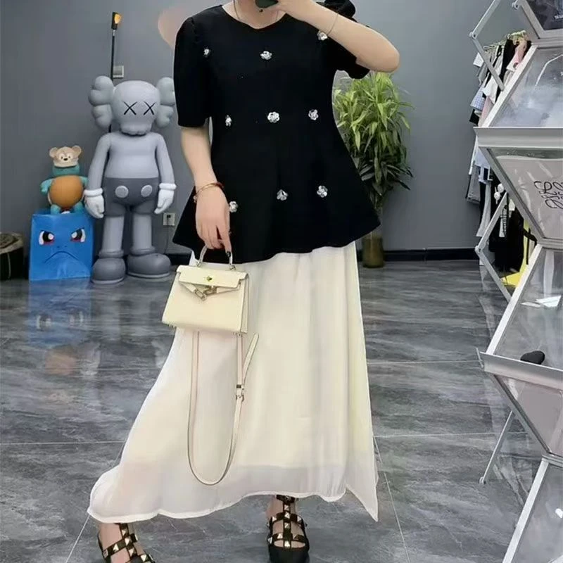 8051-大码两件套（重工衫+裙}法式高级感套装100斤-210斤