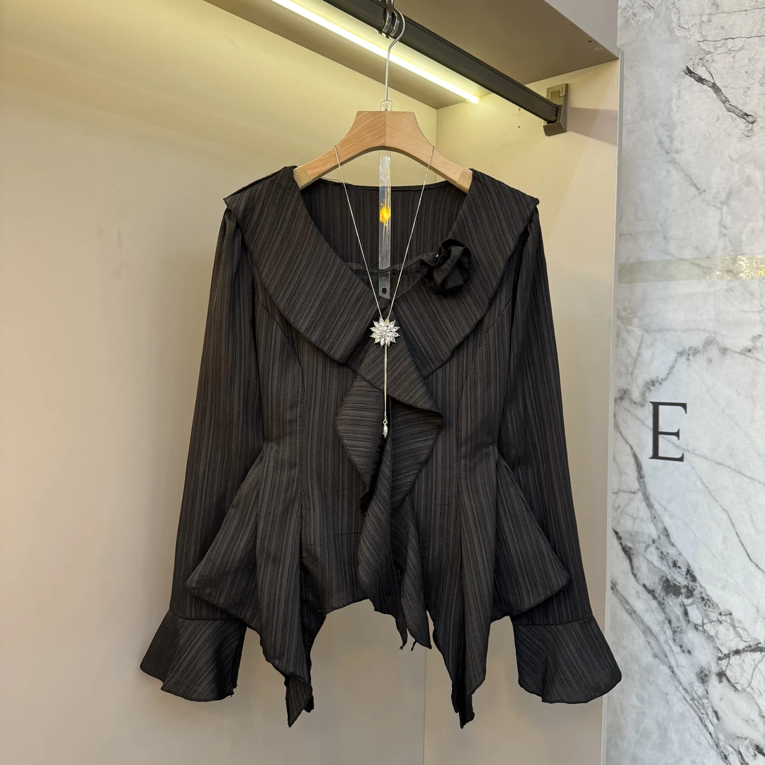 秋季新款纯色适中荷叶边秋季法式衬衫气质系带百搭休闲风2177