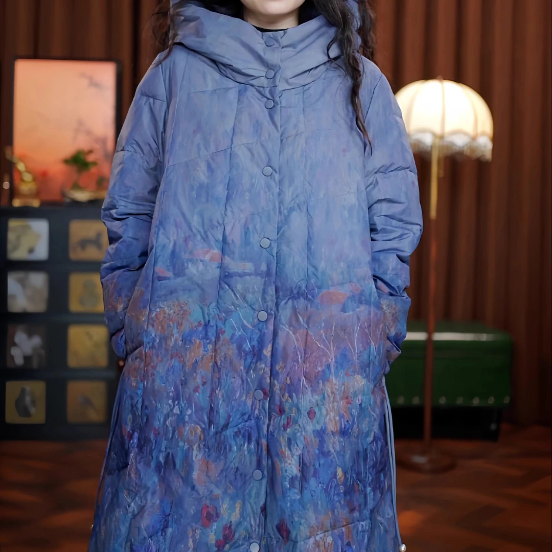 莺声燕语（蓝色）定位花羽绒服连帽长款白鸭绒冬季加厚女装外套