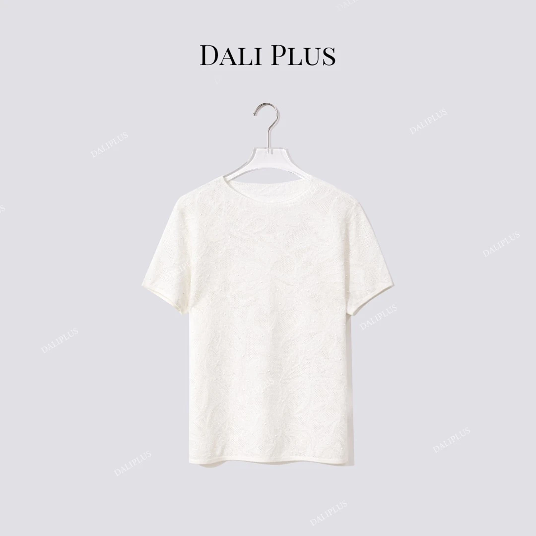 DALI PLUS“重工珍珠浮雕T”丝光羊毛+进口抗起球纤维T恤-D5CH4333