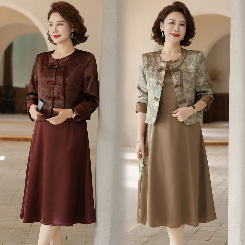 新中式国风妈妈洋气套装连衣裙2025新款直筒中老年妇女春秋装裙子