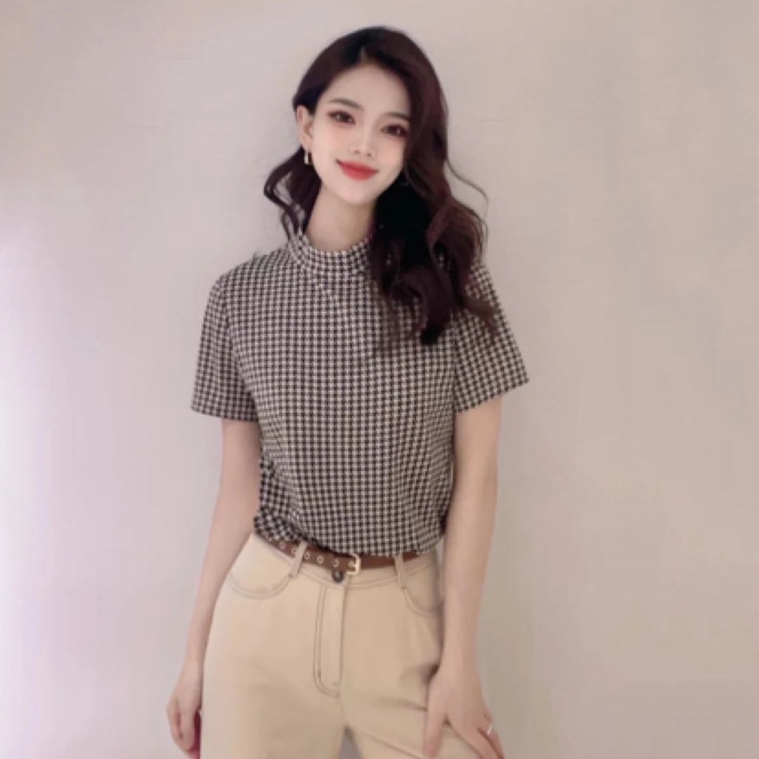 哥弟经典气质千鸟格优雅百搭气质修身显瘦烟管领冰丝短袖1300606