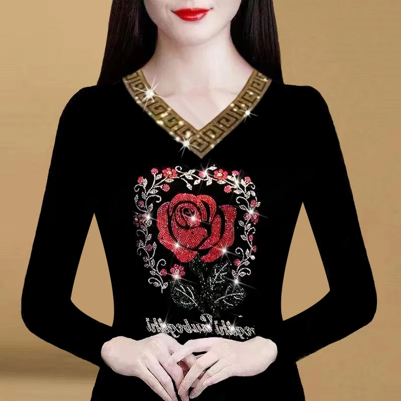 时尚V领烫钻长袖大码遮肚子修身显瘦减龄洋气气质小衫妈妈装上衣