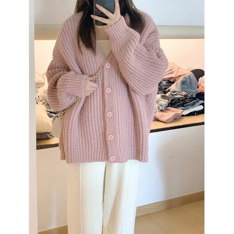 韩系加厚慵懒风棒针粗线毛衣外套女软糯奶系穿搭秋冬针织衫SZ