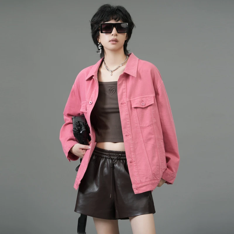 U/TI【热卖单品】樱桃系列纯色系毛巾刺绣拼接挺阔感软糯牛仔外套