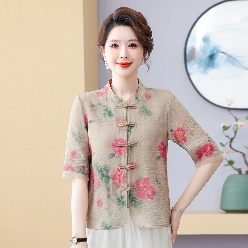 夏装衬衫2025新款洋气复古国风新中式印花五分袖盘扣衬衣女