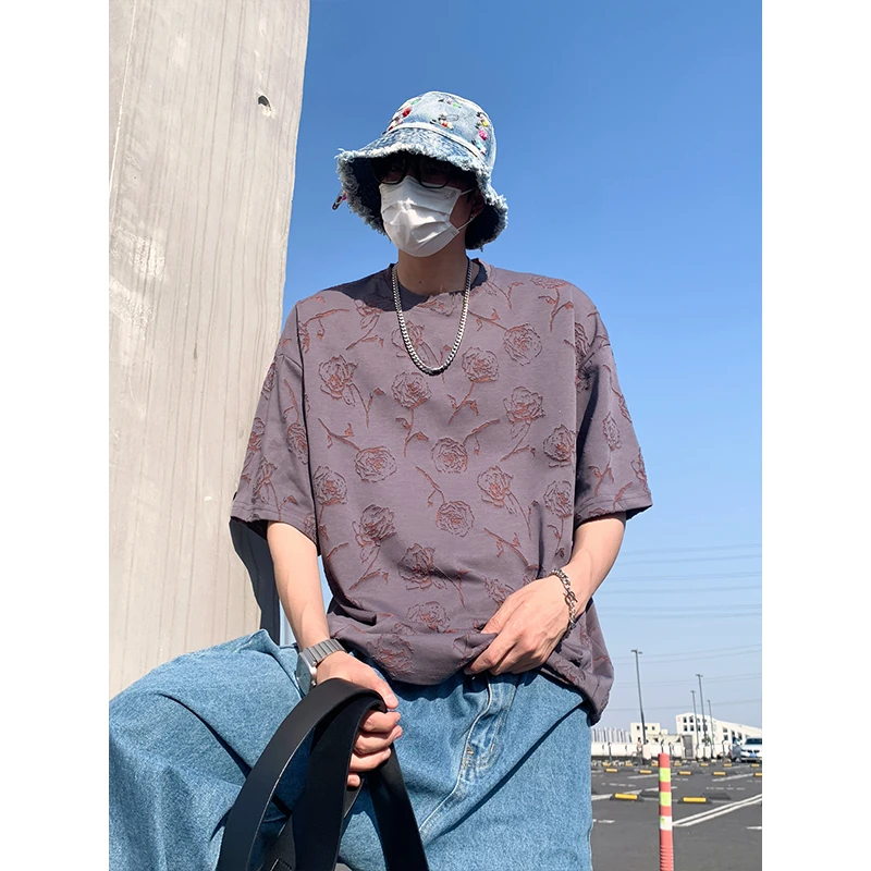 美式潮牌复古圆领短袖男T恤高级感男装烧花工艺男生衣服短袖上衣