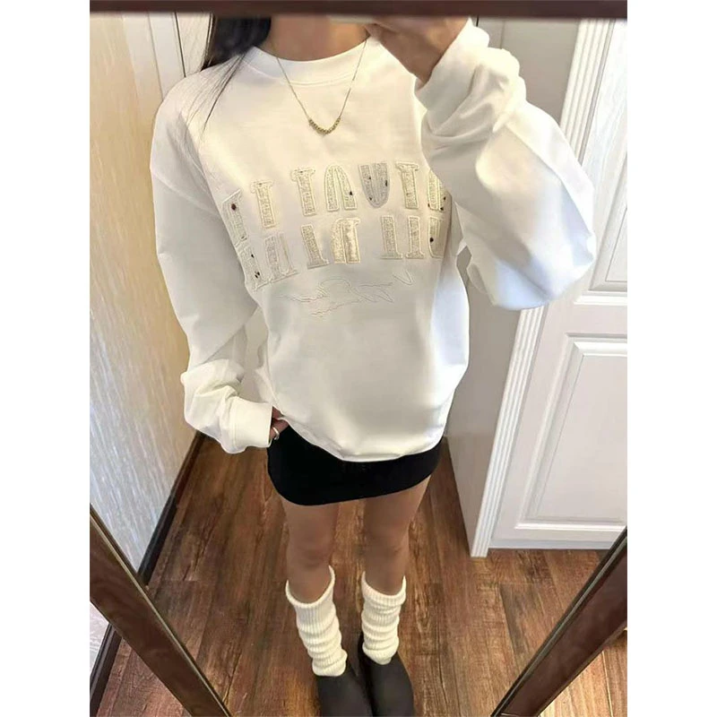 韩系学院风白色纯棉长袖T恤女春秋季ins小众字母刺绣宽松休闲上衣