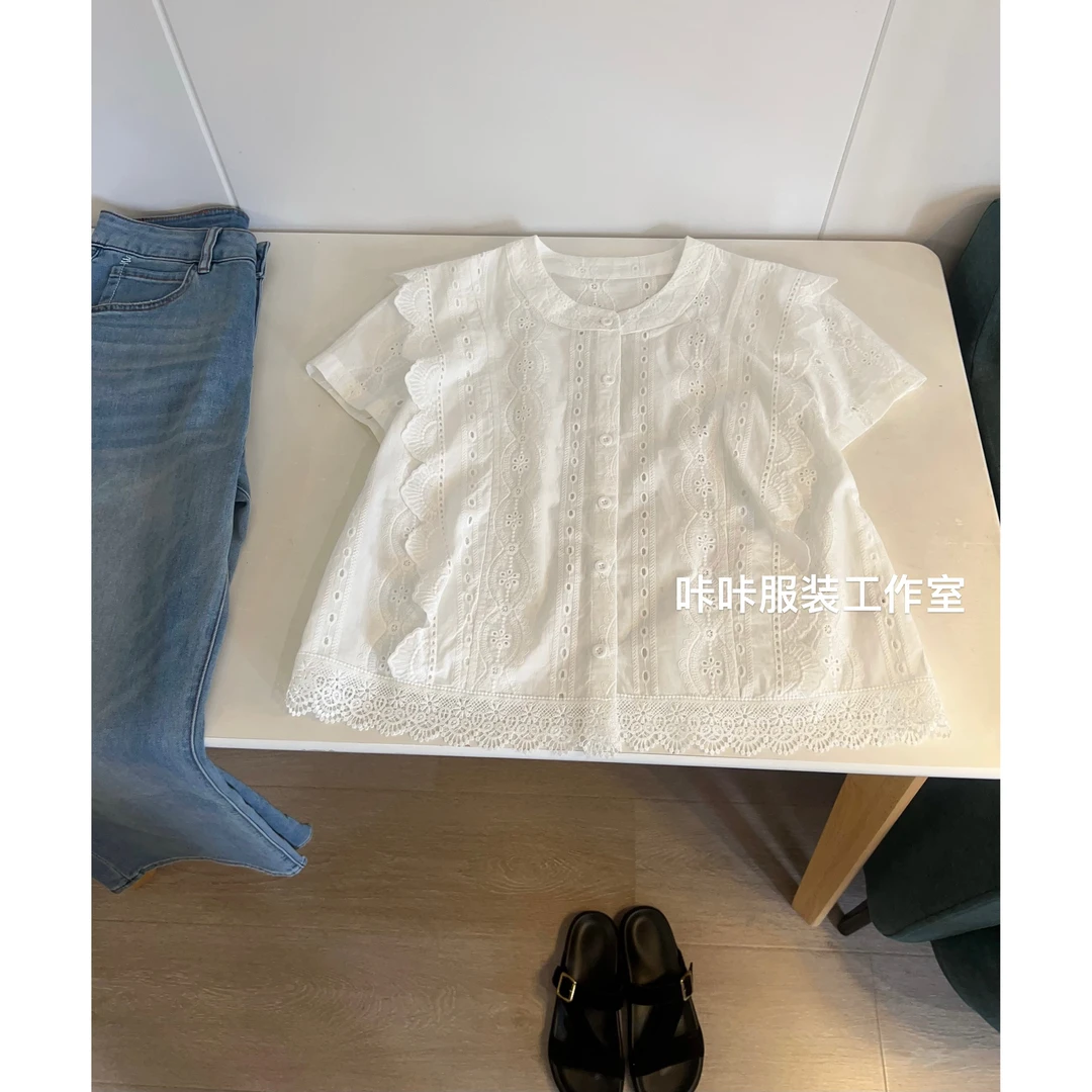 REKAYYAT”百合“100%棉夏季新品百搭洋气仙女系花边短袖衬衫上衣