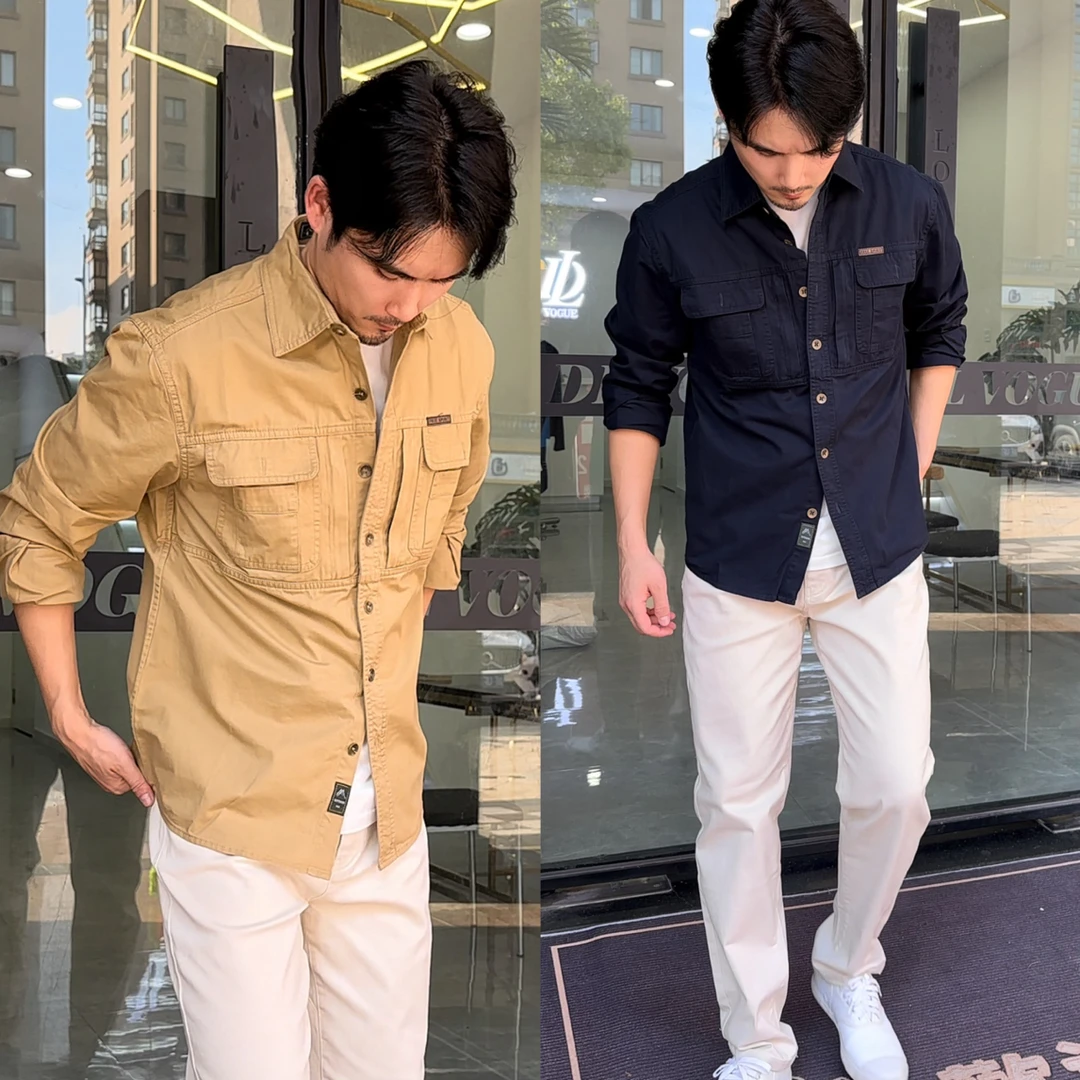 春秋季纯棉水洗夹克衫男工装户外休闲大码外套纯色男宽松上衣男装