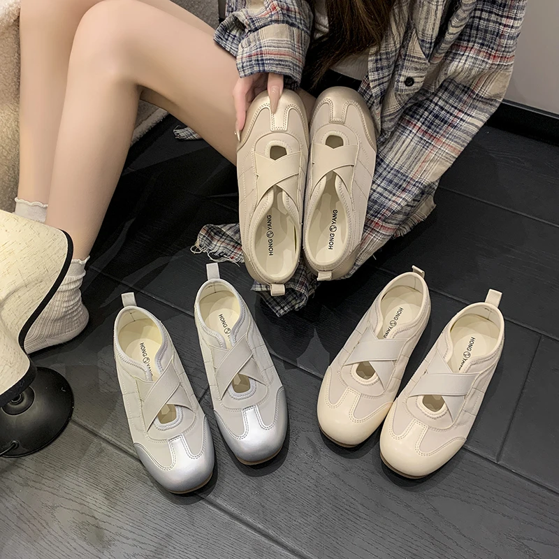 2025早秋芭蕾风女款一脚蹬交叉松紧带潮牌气质百搭德训小白鞋