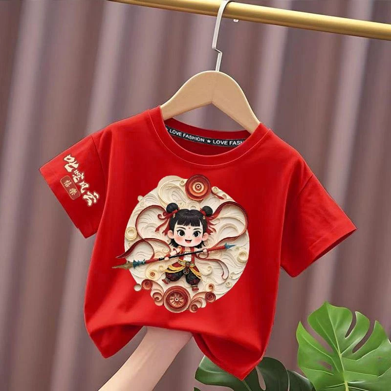 范哲萨哪吒爆款夏季儿童T恤男女童纯棉短袖半袖上衣中大童宽松