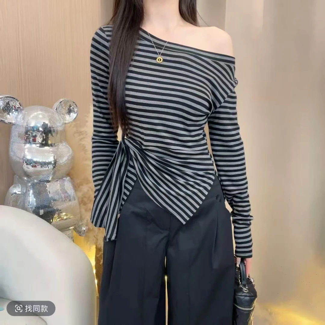 【婷婷家】小个子秋季显瘦不规则收腰斜肩T恤#1279