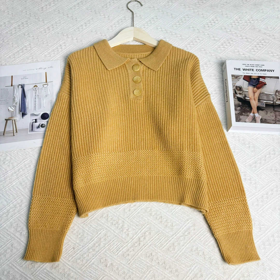 玲姐定制-翻领Polo领纯色复古风休闲针织毛衣524517