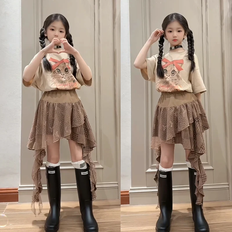 女童夏装套装2025新款时髦儿童装短袖薄款洋气裙子中大童两件套潮