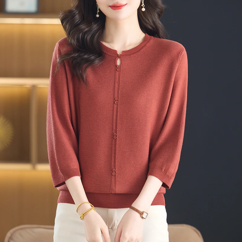 大码女装中袖上衣女七分袖高端t恤中年妈妈春装女款2025年新款薄