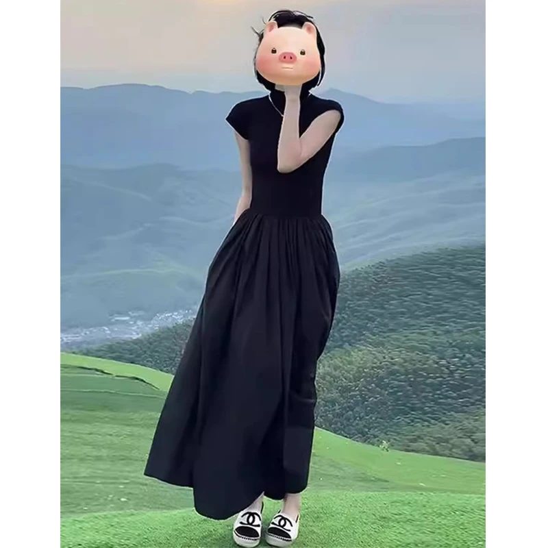 法式气质赫本黑色连衣裙女夏季新款轻熟半高领短袖收腰显瘦长裙