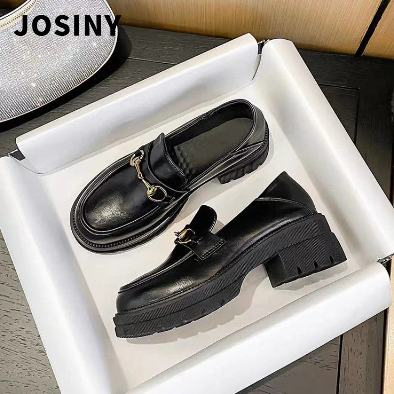 卓诗尼【秋冬上新】乐福鞋女2025厚底增高黑色小皮鞋一脚蹬复古英伦